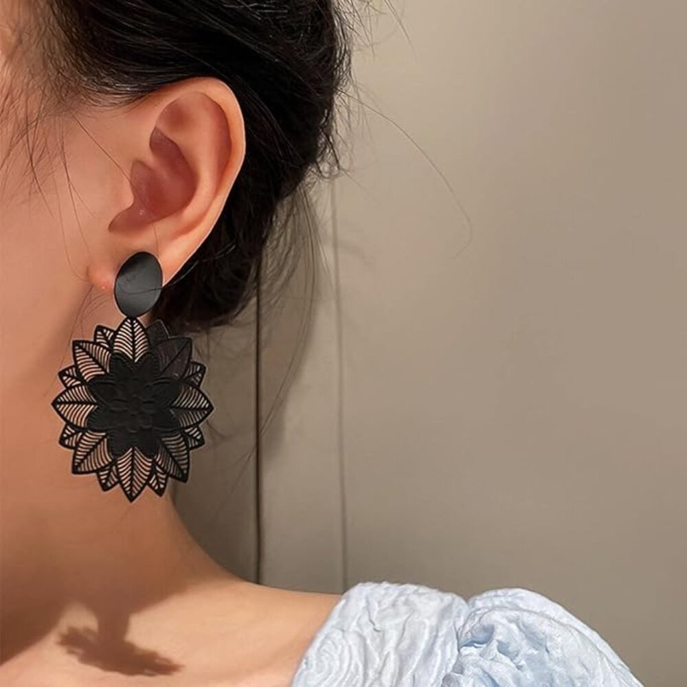 Black Sunburst Fire Flower Dahlia Zinnia Daisy Aster Water Lily Cut-out Earrings